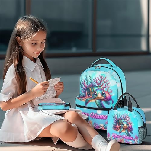 Mercuryelf Custom Girls Backpack Sea Turtle 3PCS Kids Backpack Set with Lunch Bag & Pencil Case, 17 Inch Water Resistant School Bookbag - color: Brown