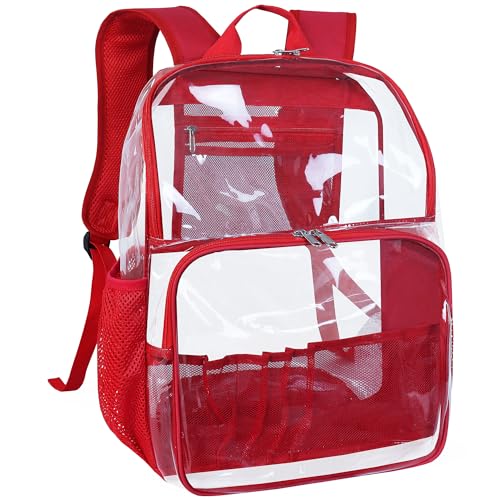 Clear Backpack,18'' See Through Backpack School Approved Heavy Duty Clear Backpack Transparent Bookbag for College Work Travel Security,Red - color: Red