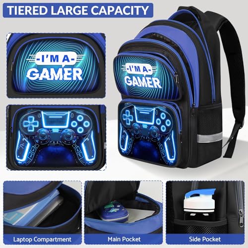School Backpack for Boys - 3pcs Gamer Boys Backpack with Lunch Box Set for Kids Teens Elementary Middle School - 17″ Video Game Bookbag Travel Back Pack for Age 6-18 - color: Gamer Blue-backpack Set