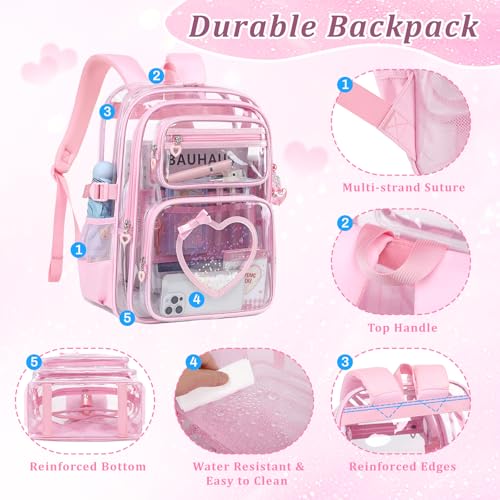 Clear Backpack for School Girls, Cute Heavy Duty PVC Transparent Bookbag, See-Through Bag for Stadium Event Pink - color: Pink