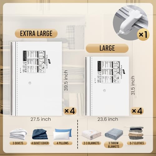 TAILI 8 Pack Vacuum Storage Bags, LONG SIDE ZIP (4 Large+4 Jumbo), Multi-Size Vacuum Seal Bags for Clothing, Storage Bulky Beddings, Blankets and Clothes, Space Saver for Closet Organization - size: 8 Combo