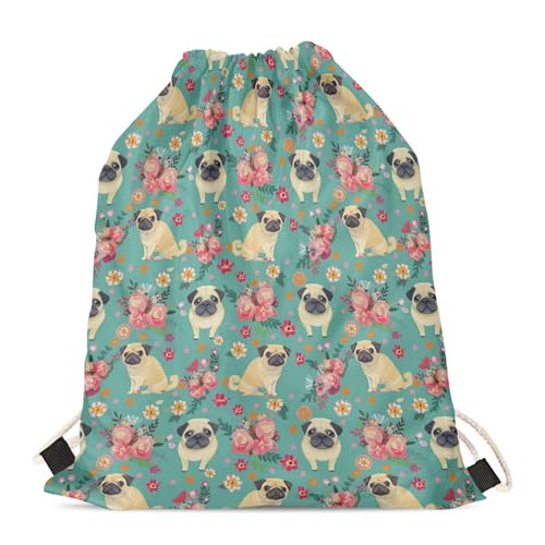 Upetstory Fun Pug Dog Floral Print Drawstring Backpack Shoulder Bags Lightweight Gym Bag Sackpack for Women Girls - color: Pug Dog
