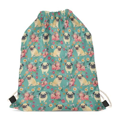 Upetstory Fun Pug Dog Floral Print Drawstring Backpack Shoulder Bags Lightweight Gym Bag Sackpack for Women Girls - color: Pug Dog