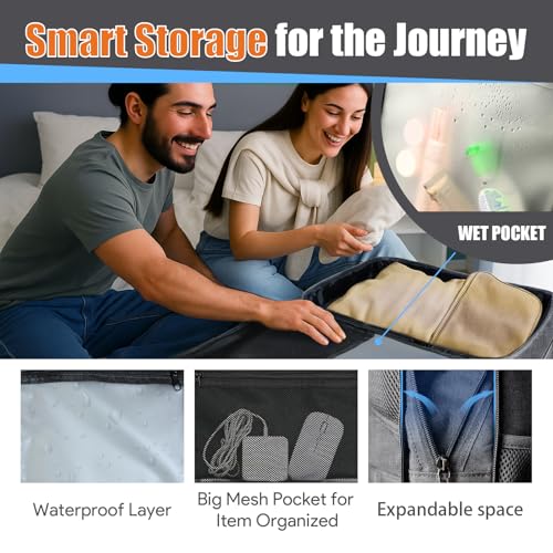 Extra Large Travel Backpack 45L Expandable, Waterproof Wet Pocket Carry On Daypack, Anti-Theft TSA 18 Inch Laptop Bag for Men Women Flight Approved Weekender Duffel, Grey - color: Grey, size: XX-Large