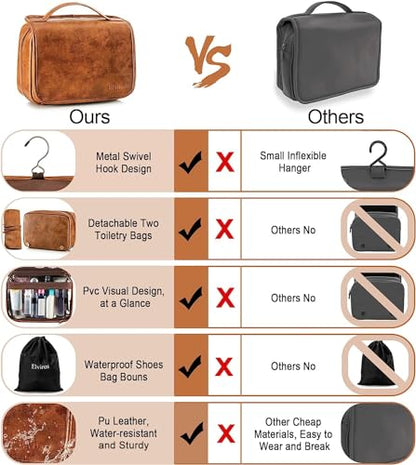 Elviros Hanging Toiletry Bag for Men Travel Essentials 3-in-1 Large Waterproof Dopp Kit PU Leather Shaving Bag with Separate Compartments for Grooming and Toiletries Mens Gift - color: Brown