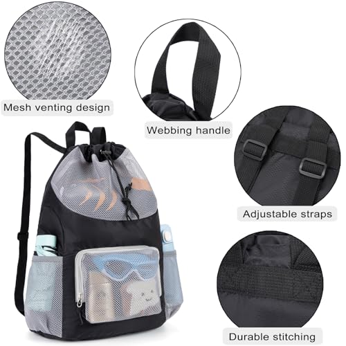 Swim Bag for Kids Mesh Beach Backpack for Boys Lightweight Drawstring Beach Bag Swimming Pool Sports Gym String Bag (Black) - color: Black