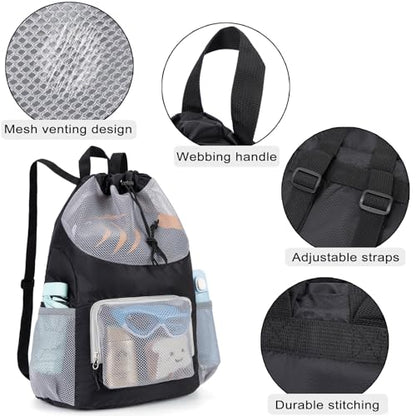 Swim Bag for Kids Mesh Beach Backpack for Boys Lightweight Drawstring Beach Bag Swimming Pool Sports Gym String Bag (Black) - color: Black