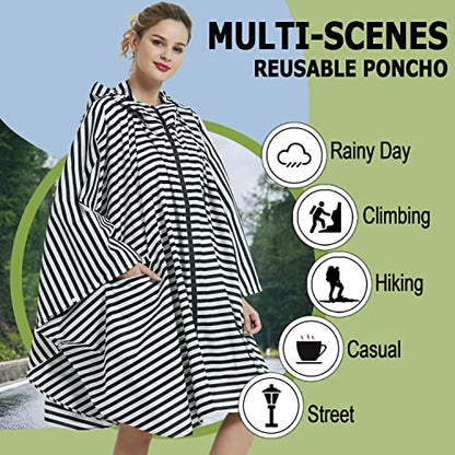 Fashion Hooded Rain Poncho Waterproof Raincoat Jacket with pocket for Women/Men/Adult - color: Black/White Strips