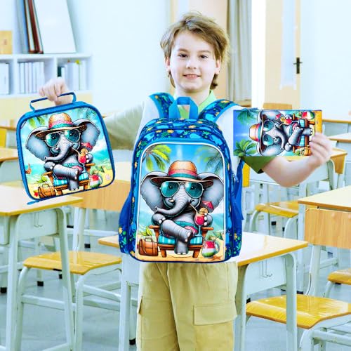 16" Backpack for Boys, 3Pcs Elephant Kids Bookbag with Lunch Box, School Backpacks Set for Elementary Preschool Kindergarten(Blue) - color: Elephant Blue