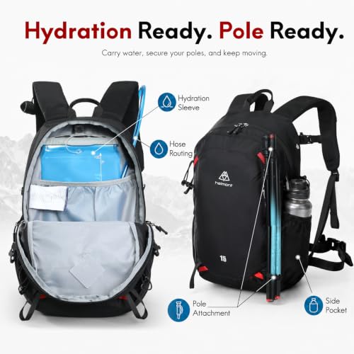 Haimont 15L Lightweight Hiking Daypack, Black | 1.19 lb Carry, Hydration Sleeve, Trekking Pole Loops, Breathable Back Panel, Whistle - color: Black
