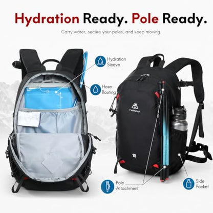 Haimont 15L Lightweight Hiking Daypack, Black | 1.19 lb Carry, Hydration Sleeve, Trekking Pole Loops, Breathable Back Panel, Whistle - color: Black