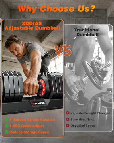 XDDIAS Adjustable Dumbbells Set of 2 for Strength Training, One-Hand Quick Adjust, 25/55/80/90 lbs Options, Anti-Slip Grip Handle, Compact Home Gym Weights for Men Women - color: Plus 10-Level 90LB Pair