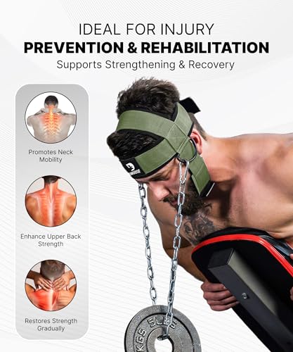 DMoose Fitness Neck Harness for Weight Lifting - Soft Padded Head & Chin Strap with 30" Heavy Duty Steel Chain - Neck Exerciser, Trainer & Strengthener to Support Injury Recovery and Intense Workouts - color: Military Green