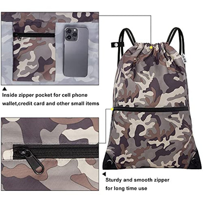 draw string back bag, Large Gym Sports string backpack for men and women with front zipper pocket and inside zipper pocket to keep key or phone (brown camo) - color: Brown Camo, style: Drawstring With Front Pocket