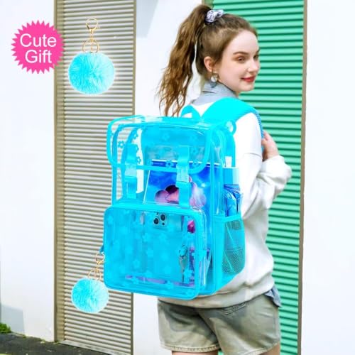 17" Clear Backpack for Girls, School Kids Transparent Bookbag Set, 3Pcs Stadium Approved See Through Backpack with Lunch Box (Blue) - color: Plum Blossom Blue