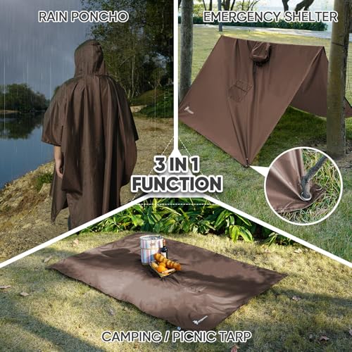 PTEROMY 3-in-1 Hooded Rain Poncho for Adult with Pocket, Waterproof Lightweight Unisex Raincoat for Hiking Camping Emergency - color: Brown