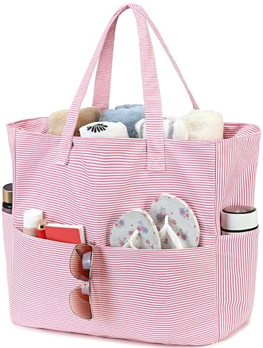 LEDAOU Beach Bag Waterproof Sandproof Women Beach Tote Pool Bag with Zipper for Swim Gym Grocery Travel with Wet Pocket | Sandproof - color: Light Rose Red Stripes