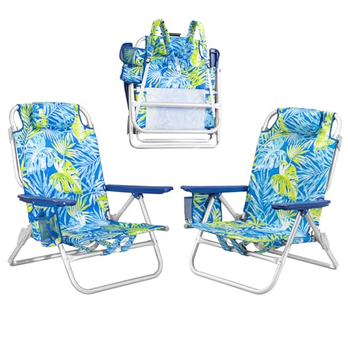 PRETZI Backpack Beach Chairs for Adults - Folding Heavy Duty Camping Chair with Storage Pouch, Cup Holder & Towel Rack, Lightweight & Adjustable Chair for Outdoor,Travel (2pcs / Tropical Foliage) - color: Tropical Foliage, size: 2 packs