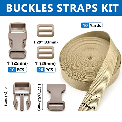 1 inch Buckles Straps Set with 10 Yards Nylon Webbing Strap,10 pcs Quick Side Release Plastic Buckle, 20 pcs Tri-glide Slide Clip for Luggage Strap, Backpack - color: Tan