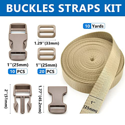 1 inch Buckles Straps Set with 10 Yards Nylon Webbing Strap,10 pcs Quick Side Release Plastic Buckle, 20 pcs Tri-glide Slide Clip for Luggage Strap, Backpack - color: Tan
