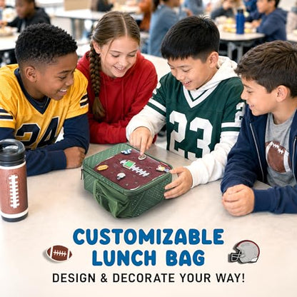 Fit & Fresh Customizable Charm Lunch Bag for Boys & Girls, Football Kids Lunch Box with 6 Sports Charms, Premium Insulated Reusable Lunch Tote for School - color: Green Football