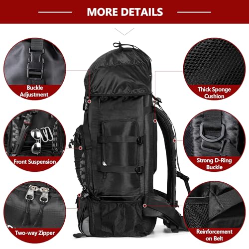 90L Hiking Backpack, Waterproof Camping Bag with Rain Cover, Lightweight Backpacking Back Pack - color: Black