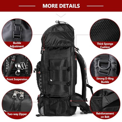 90L Hiking Backpack, Waterproof Camping Bag with Rain Cover, Lightweight Backpacking Back Pack - color: Black