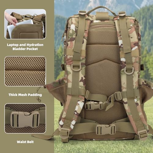 Hannibal Tactical 45L MOLLE Assault Pack, Tactical Backpack Army Military Camping Rucksack with Bottle Holder, 3-Day Pack Travel Trip w/USA Flag Patch, D-Rings, CP Camo - color: Cp, size: 45L