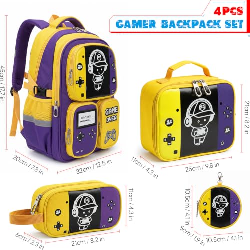 Boys Backpack, Luminous Gamer Backpack for Boys with Lunch Box,Pencil Case and Coin Puese,Kids Schoolbag Bookbag for Teen Boy Elementary Middle High School Travel(Yellow-Purple) - color: Yellow-purple