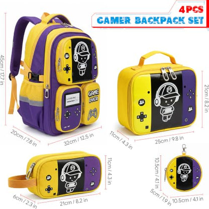 Boys Backpack, Luminous Gamer Backpack for Boys with Lunch Box,Pencil Case and Coin Puese,Kids Schoolbag Bookbag for Teen Boy Elementary Middle High School Travel(Yellow-Purple) - color: Yellow-purple
