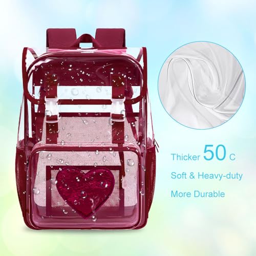 17" Clear Backpack for Girls, School Kids Transparent Bookbag Set, 3Pcs Stadium Approved See Through Backpack with Lunch Box (Dark Red) - color: Clear Sequins Dark Red
