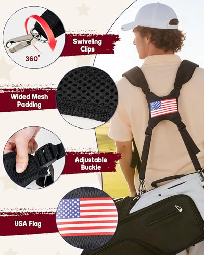 BIG TEETH Golf Bag Strap,Adjustable Padded Bag Strap Replacement,Golf Double Shoulder Bag Straps with 4Pcs Rotate Hooks - color: Us Flag