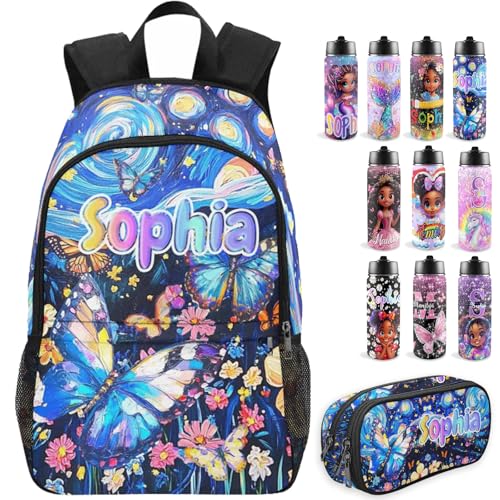M YESCUSTOM Personalized Backpacks For Girls, Back to School Custom Backpack For Kids, Customized Name Backpacks, Custom Butterfly Star Print Bookbag Set Gifts for Daughter Granddaughter - color: D05