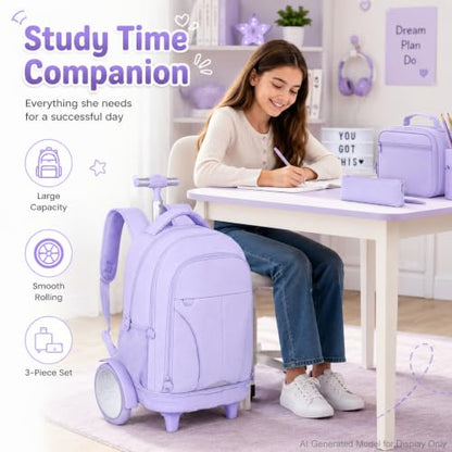 AGSDON Quiet Glide Rolling Backpack with Lunch Box Set - Large Wheel Water-Resistant Wheeled Bag for Business, Travel, and College | Lavender Purple 3-in-1 Organizer Backpack - color: Reflective Purple - Rolling Backpack