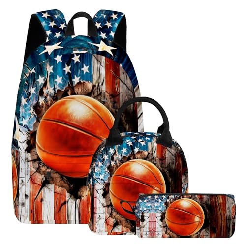 3PCS Backpack for Girls Boys,Teens Flag Basketball Back to School Backpack with Lunch Box Pencil Case, 17 Inch Lightweight Students Backpack 3 in 1 Set for Elementary Middle High School - color: American Flag Basketball