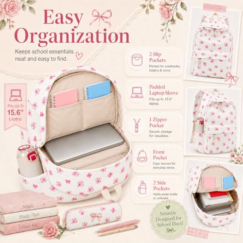 LEDAOU School Backpack for Teen Girls Elementary Middle School Bookbag Kids Backpacks Women Laptop Backpack Travel Daypack (Flower Bow - Beige) - color: Flower Bow - Beige