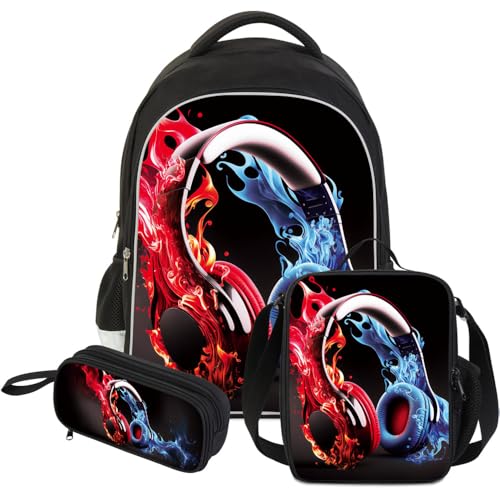ZRENTAO 3 Pcs Kids Backpack, 3D Reflective Cartoon, 600D Polyester & Dual Zippers, 17" Bookbag with Ergonomic Design for boys & girls age 6-18, Headphone Space Style for school Children Kids - color: 08#headphonesset