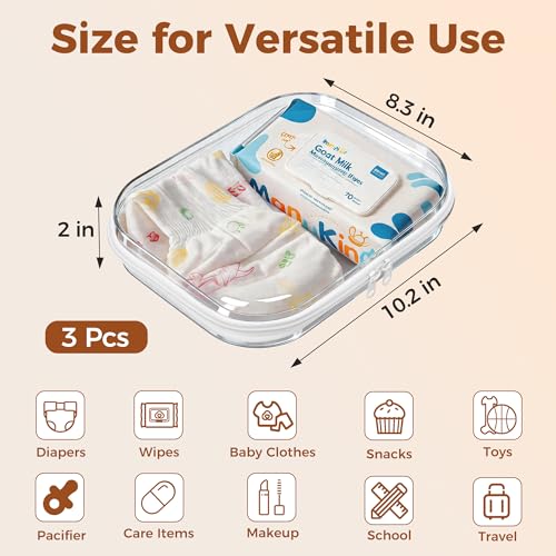 3 Pack Diaper Bag Organizer Pouches, Clear Hard Shell Zipper Cases for Travel, Makeup Bag, Toiletry Bag, Toy Storage Bins, Waterproof Storage Box for Pacifier Snacks Wipes Clothes Baby Essentials - size: 3M