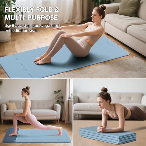 7-Fold Yoga Mat 70"x24" - 1/2 Inch Thick Folding Exercise Mat, Compact Non-Slip TPE Mat for Travel, Storage, Yoga & Home Gym, Lightweight & Portable - color: Blue-gray+Navy blue