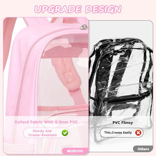 MUSEVOS Clear Backpack, Heavy Duty Bookbag for School, 2-in-1 Design Transparent PVC & Oxford Fabric, for Girls and Women. Pink - color: Pink
