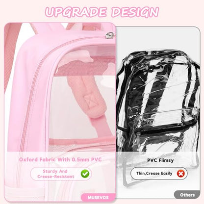MUSEVOS Clear Backpack, Heavy Duty Bookbag for School, 2-in-1 Design Transparent PVC & Oxford Fabric, for Girls and Women. Pink - color: Pink