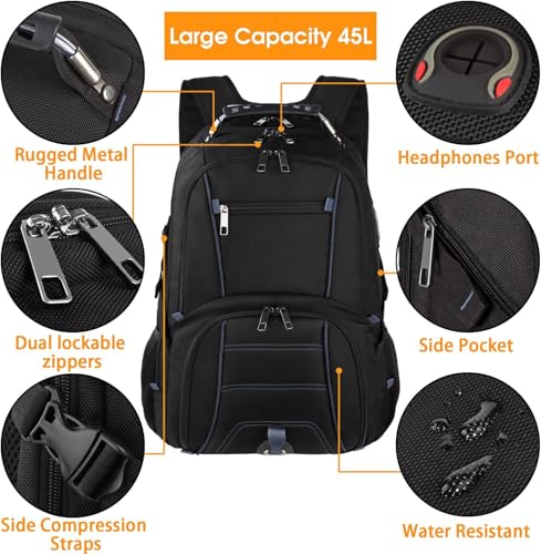 Extra Large 50L Travel Laptop Backpack, Computer bag Backbag, TSA Friendly Durable Big RFID Heavy Duty Business Tech Backpack Fits 17 Inch Laptops for Men Women - color: Blue