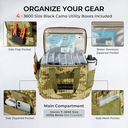 KastKing BaitSpace Fishing Tackle Bag With 4 Tackle Boxes & Removable Bait Binder, Water-Resistant Tackle Storage, Durable Fishing Gear, Adjustable Shoulder Strap - color: B: Khaki Camo, size: Medium - 4*3600 Trays