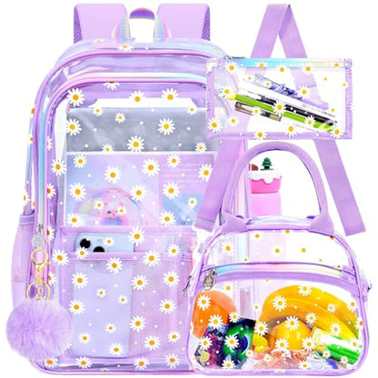 gxtvo 3PCS See Through Backpack Heavy-Duty Set for Women & Teen Girls, 17" Purple Transparent Bookbag with Rainbow Strap, Cute Chrysanthemum Clear School Bag - color: Purple Chrysanthemum Clear Backpack Set