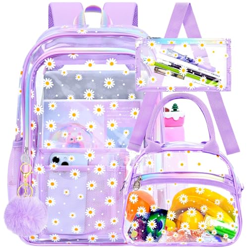 gxtvo 3PCS See Through Backpack Heavy-Duty Set for Women & Teen Girls, 17" Purple Transparent Bookbag with Rainbow Strap, Cute Chrysanthemum Clear School Bag - color: Purple Chrysanthemum Clear Backpack Set