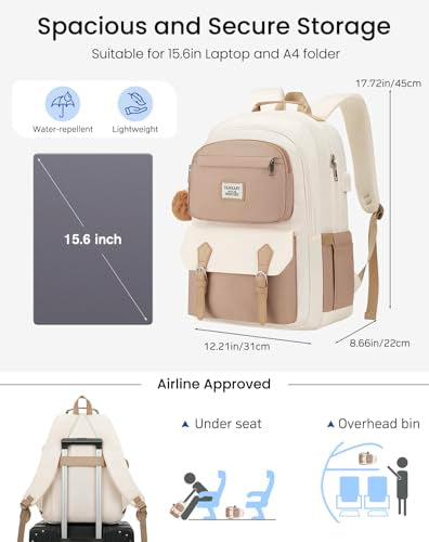 School Backpack for Teen Girls, Aesthetic Schoolbag for Middle School High School, Cute Laptop Bookbag for College Women Students Mochilas Niñas, Khaki Beige