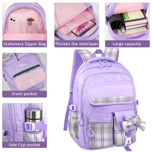 MCWTH Checkered Backpack for Teen Girls, Kawaii Cute Kids Elementary Student School Backpacks (Bow Purple) - color: Checkered Purple