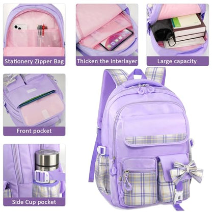 MCWTH Checkered Backpack for Teen Girls, Kawaii Cute Kids Elementary Student School Backpacks (Bow Purple) - color: Checkered Purple