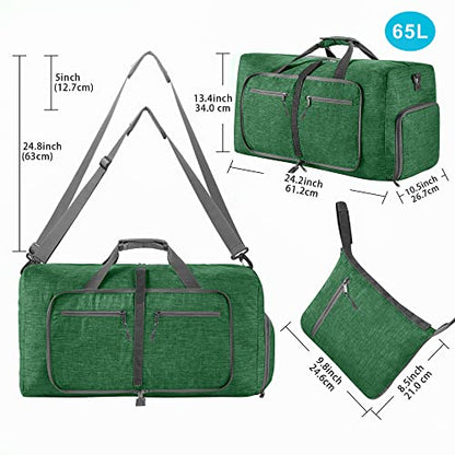 Vomgomfom 65L/85L/115L Foldable Travel Duffle Bag, Lightweight Checked Luggage with Shoe Compartment, Water-Resistant Weekender Overnight Bag for Men & Women - color: E Deep Green, size: 115L
