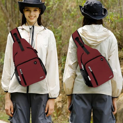 MOSISO Sling Backpack Bag, Crossbody Shoulder Bag Travel Hiking Daypack Chest Bag with Front Square Pocket&USB Charging Port - color: Wine Red